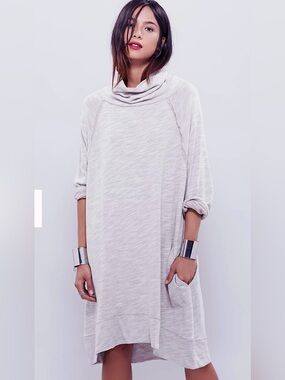 Free People Beach Terri Cocoon Pullover Oatmeal Cowl Neck Tunic Dress OS
